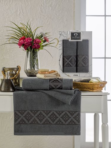 Подарочный набор полотенец для ванной 50х90, 70х140 Two Dolphins LARA хлопковая махра антрацит, фото, фотография