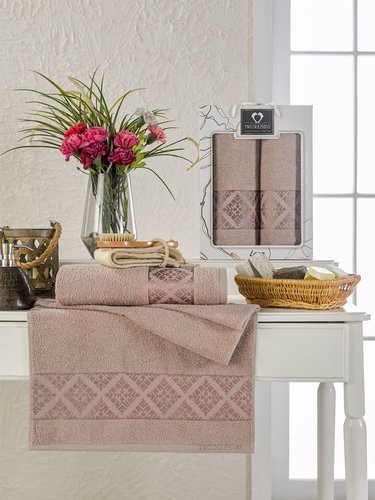 Подарочный набор полотенец для ванной 50х90, 70х140 Two Dolphins LARA хлопковая махра бежевый, фото, фотография