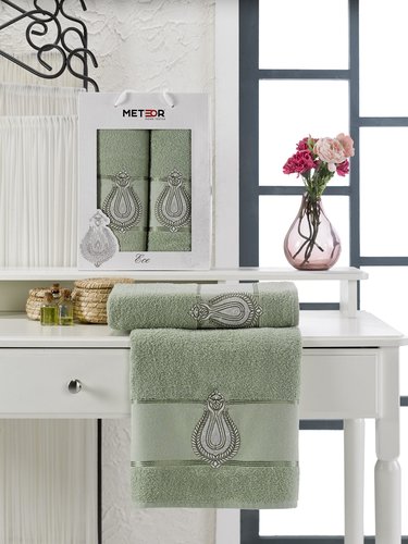 Подарочный набор полотенец для ванной 50х90, 70х140 Two Dolphins ECE хлопковая махра зеленый, фото, фотография