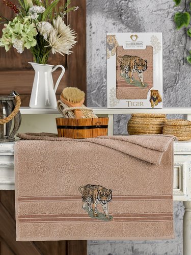 Полотенце для ванной в подарочной упаковке Two Dolphins TIGER хлопковая махра коричневый 50х90, фото, фотография