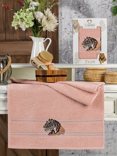 Полотенце для ванной в подарочной упаковке Two Dolphins TIGER хлопковая махра пудра 50х90, фото, фотография