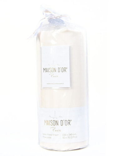 Простынь на резинке с наволочками Maison Dor FITTED CIZGILI хлопковый сатин кремовый 100х200+28, фото, фотография