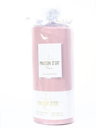 Простынь на резинке с наволочками Maison Dor FITTED CIZGILI хлопковый сатин грязно-розовый 180х200+20, фото, фотография