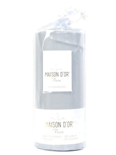 Простынь на резинке с наволочками Maison Dor FITTED CIZGILI хлопковый сатин серый 100х200+28, фото, фотография