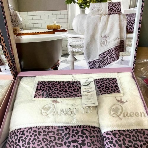 Набор полотенец для ванной 3 пр. Maison Dor QUEEN хлопковая махра кремовый/фиолетовый, фото, фотография