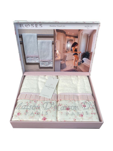 Набор полотенец для ванной 2 пр. Maison Dor ROSES хлопковая/бамбуковая махра кремовый/розовый, фото, фотография