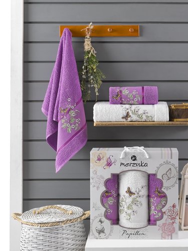 Подарочный набор полотенец для ванной 50х90(2), 70х140(1) Merzuka PAPILLON хлопковая махра фиолетовый, фото, фотография