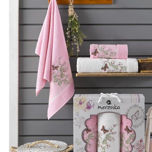 Подарочный набор полотенец для ванной 50х90(2), 70х140(1) Merzuka PAPILLON хлопковая махра розовый