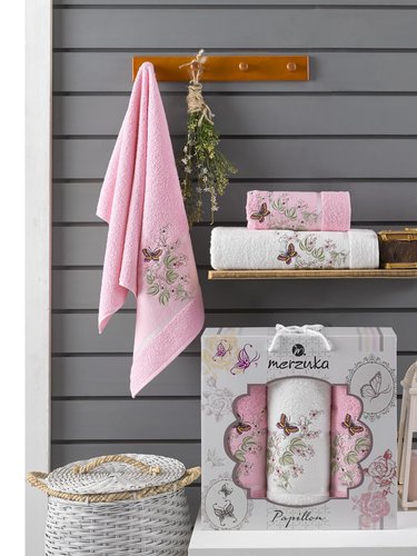 Подарочный набор полотенец для ванной 50х90(2), 70х140(1) Merzuka PAPILLON хлопковая махра розовый, фото, фотография
