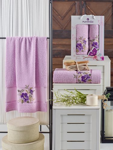 Подарочный набор полотенец для ванной 50х90, 70х140 Merzuka DREAMS FLOWER хлопковая махра сиреневый, фото, фотография