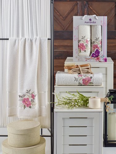 Подарочный набор полотенец для ванной 50х90, 70х140 Merzuka DREAMS FLOWER хлопковая махра кремовый, фото, фотография