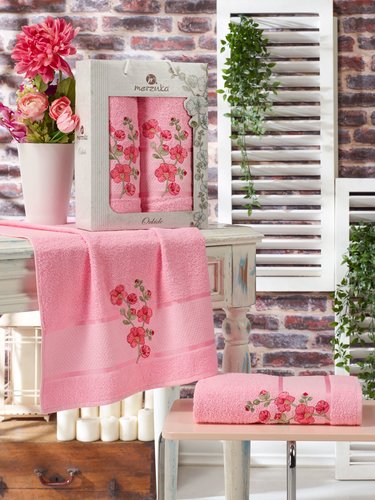 Подарочный набор полотенец для ванной 50х90, 70х140 Merzuka ORKIDE хлопковая махра светло-розовый, фото, фотография