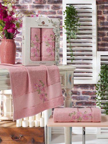 Подарочный набор полотенец для ванной 50х90, 70х140 Merzuka ORKIDE хлопковая махра розовый, фото, фотография