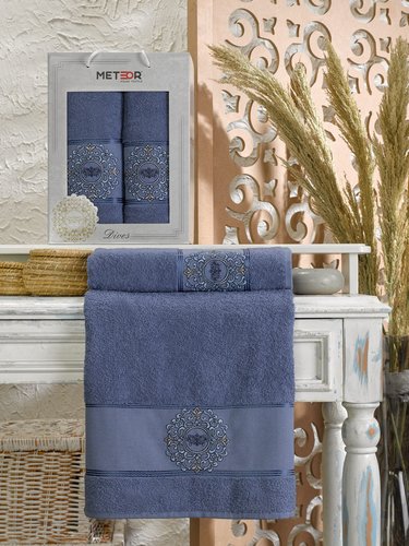 Подарочный набор полотенец для ванной 50х90, 70х140 Meteor DIVES хлопковая махра темно-голубой, фото, фотография