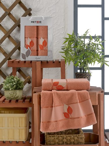 Подарочный набор полотенец для ванной 50х90, 70х140 Meteor EYLUL хлопковая махра персиковый, фото, фотография
