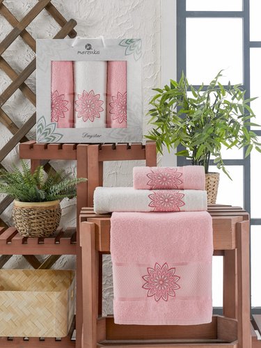 Подарочный набор полотенец для ванной 50х90(2), 70х140(1) Merzuka DAYSTAR хлопковая махра розовый, фото, фотография