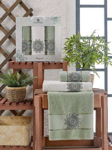 Подарочный набор полотенец для ванной 50х90(2), 70х140(1) Merzuka DAYSTAR хлопковая махра зеленый, фото, фотография