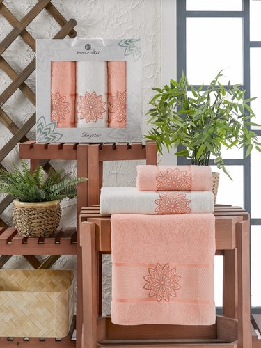 Подарочный набор полотенец для ванной 50х90(2), 70х140(1) Merzuka DAYSTAR хлопковая махра оранжевый, фото, фотография