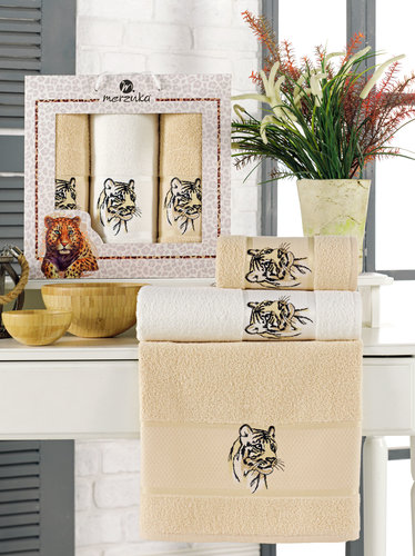 Подарочный набор полотенец для ванной 50х90(2), 70х140(1) Merzuka ASLAN хлопковая махра бежевый, фото, фотография