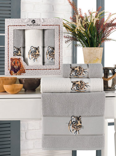 Подарочный набор полотенец для ванной 50х90(2), 70х140(1) Merzuka ASLAN хлопковая махра серый, фото, фотография