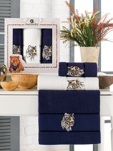 Подарочный набор полотенец для ванной 50х90(2), 70х140(1) Merzuka ASLAN хлопковая махра синий, фото, фотография