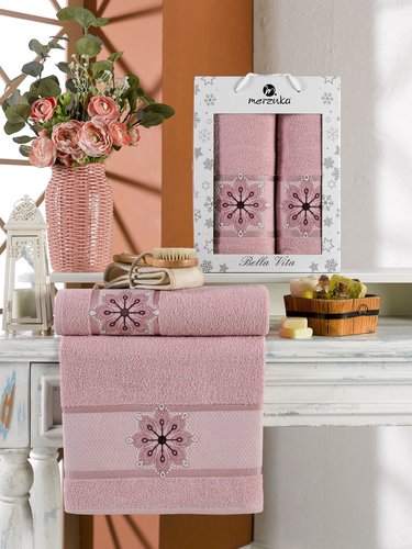 Подарочный набор полотенец для ванной 50х90, 70х140 Merzuka BELLA VITA хлопковая махра розовый, фото, фотография