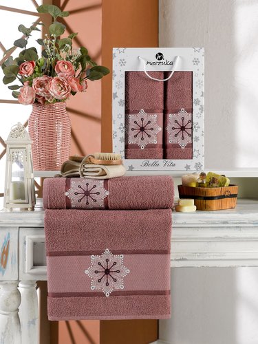 Подарочный набор полотенец для ванной 50х90, 70х140 Merzuka BELLA VITA хлопковая махра брусничный, фото, фотография