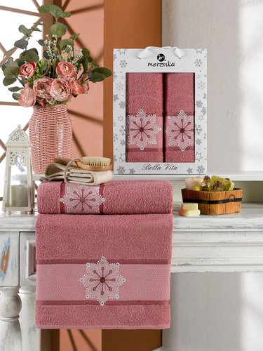 Подарочный набор полотенец для ванной 50х90, 70х140 Merzuka BELLA VITA хлопковая махра темно-розовый, фото, фотография
