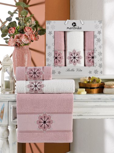 Подарочный набор полотенец для ванной 50х90(2), 70х140(1) Merzuka BELLA VITA хлопковая махра розовый, фото, фотография
