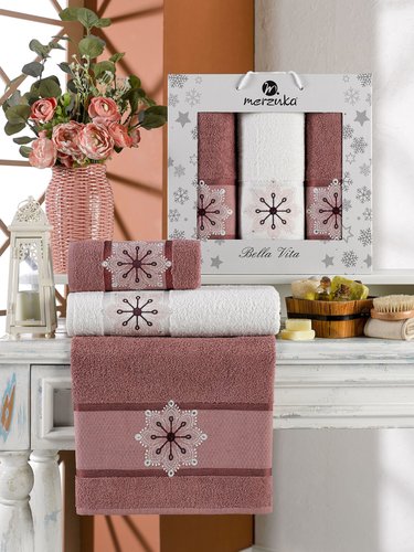 Подарочный набор полотенец для ванной 50х90(2), 70х140(1) Merzuka BELLA VITA хлопковая махра брусничный, фото, фотография