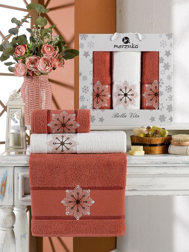 Подарочный набор полотенец для ванной 50х90(2), 70х140(1) Merzuka BELLA VITA хлопковая махра терракотовый, фото, фотография
