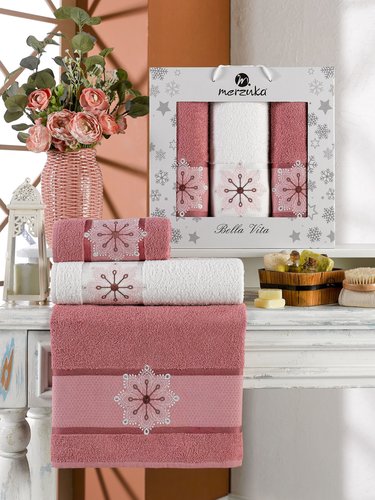 Подарочный набор полотенец для ванной 50х90(2), 70х140(1) Merzuka BELLA VITA хлопковая махра темно-розовый, фото, фотография
