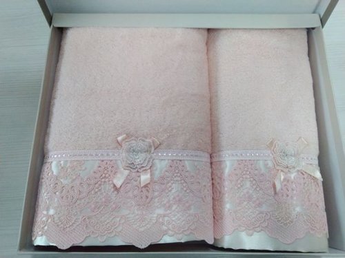 Набор полотенец для ванной в подарочной упаковке 2 пр. Pupilla CLARA бамбуковая махра светло-розовый, фото, фотография