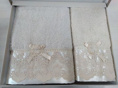 Набор полотенец для ванной в подарочной упаковке 2 пр. Pupilla CLARA бамбуковая махра бежевый, фото, фотография