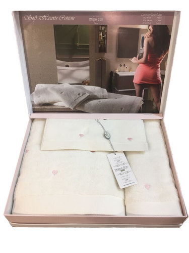 Подарочный набор полотенец для ванны 30х50, 50х100, 85х150 Maison Dor SOFT HEARTS хлопковая махра белый+розовый, фото, фотография