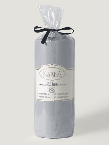 Простынь на резинке Karna SOLID хлопковый сатин серый 180х200+30, фото, фотография