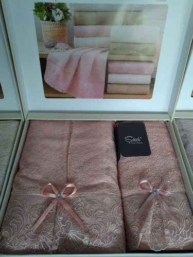 Подарочный набор полотенец для ванной 50х90, 70х140 Sikel ELANOR бамбуково-хлопковая махра персиковый, фото, фотография