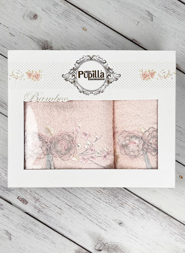 Набор полотенец для ванной в подарочной упаковке 2 пр. Pupilla ROSE LINDA бамбуковая махра V2, фото, фотография