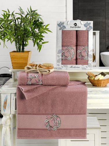 Подарочный набор полотенец для ванной 50х90, 70х140 Merzuka MODERNA хлопковая махра лиловый, фото, фотография