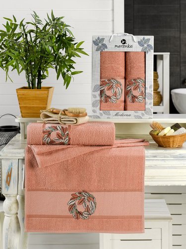 Подарочный набор полотенец для ванной 50х90, 70х140 Merzuka MODERNA хлопковая махра оранжевый, фото, фотография