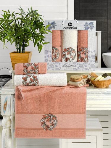 Подарочный набор полотенец для ванной 50х90(2), 70х140(1) Merzuka MODERNA хлопковая махра оранжевый, фото, фотография