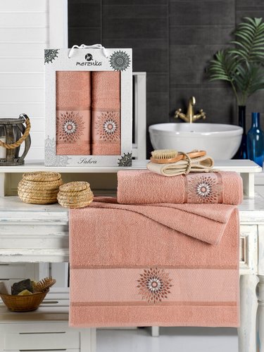 Подарочный набор полотенец для ванной 50х90, 70х140 Merzuka SAHRA хлопковая махра оранжевый, фото, фотография