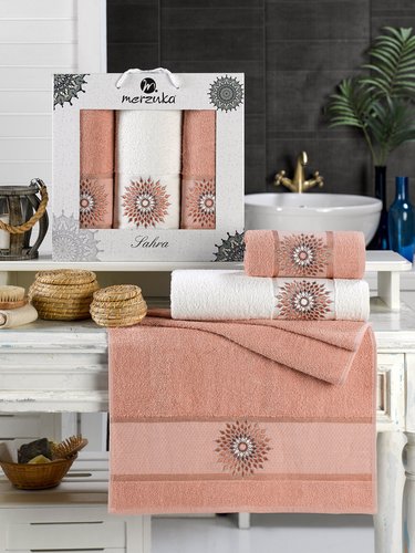 Подарочный набор полотенец для ванной 50х90(2), 70х140(1) Merzuka SAHRA хлопковая махра оранжевый, фото, фотография