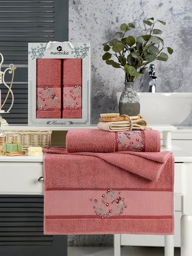 Подарочный набор полотенец для ванной 50х90, 70х140 Merzuka HAWAII хлопковая махра тёмно-розовый, фото, фотография