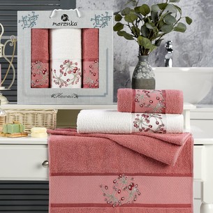 Подарочный набор полотенец для ванной 50х90(2), 70х140(1) Merzuka SAHRA хлопковая махра тёмно-розовый
