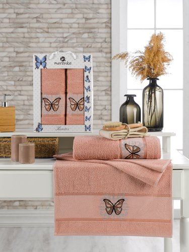 Подарочный набор полотенец для ванной 50х90, 70х140 Merzuka KONTES хлопковая махра оранжевый, фото, фотография