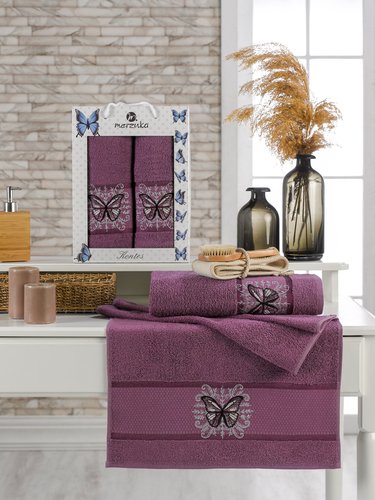 Подарочный набор полотенец для ванной 50х90, 70х140 Merzuka KONTES хлопковая махра фиолетовый, фото, фотография