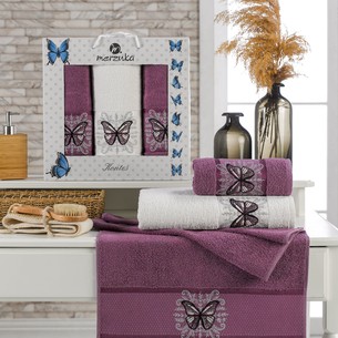 Подарочный набор полотенец для ванной 50х90(2), 70х140(1) Merzuka KONTES хлопковая махра баклажан