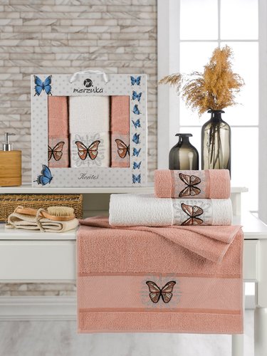 Подарочный набор полотенец для ванной 50х90(2), 70х140(1) Merzuka KONTES хлопковая махра оранжевый, фото, фотография