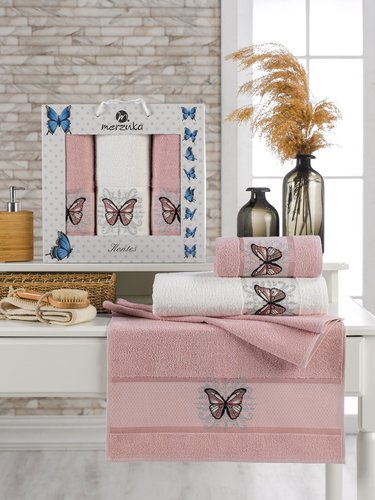Подарочный набор полотенец для ванной 50х90(2), 70х140(1) Merzuka KONTES хлопковая махра розовый, фото, фотография